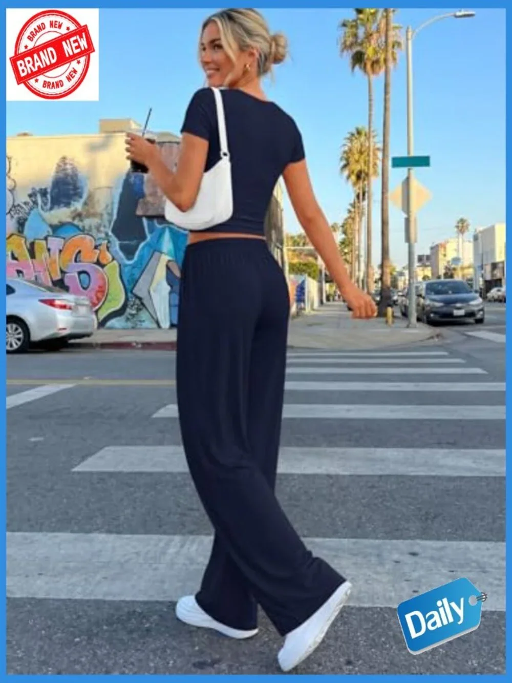 Women's 2 Piece Lounge Set Side Ruching Top Wide Leg Pants with Pockets